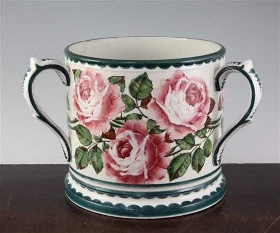 Large Wemyss ware loving cup, height 19.5cm, restorations(-)